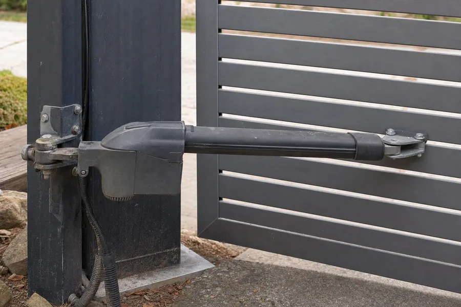 Driveway gate post, hinge and safety hardware in Georgetown, TX