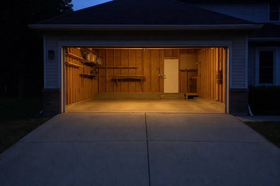 Two-car garage with a new raised-panel door at dusk