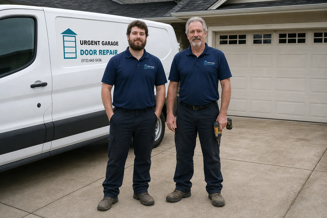 Urgent Garage Door Repair technicians and service van outside a home in Georgetown, TX